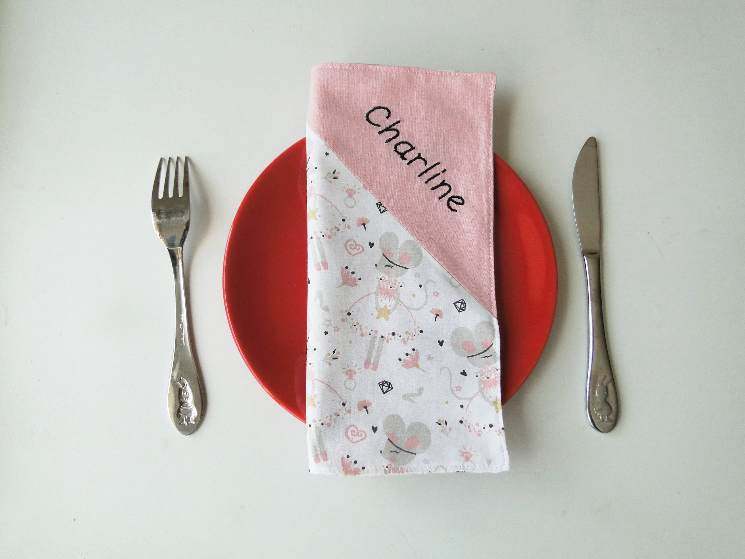 Serviette de Table Souris Personnalisé Fille Doublé avec Prénom Brodé et Message Coton