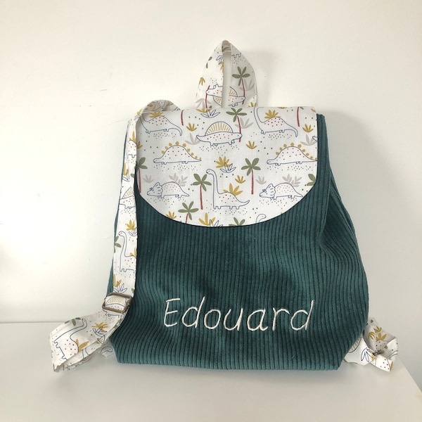 Sac à dos "dinosaures et palmiers" velours côtelé école maternelle enfant SUR COMMANDE personnalisable en coton prénom brodé