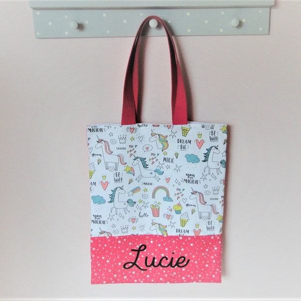 Tote bag sac de bibliothèque "licorne"  personnalisable SUR COMMANDE pour la maternelle prénom brodé fille