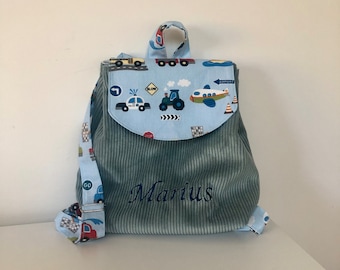 Sac à dos "véhicules" velours côtelé école maternelle enfant SUR COMMANDE personnalisable en coton prénom brodé rentrée des classes