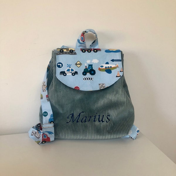 Sac à dos "véhicules" velours côtelé école maternelle enfant SUR COMMANDE personnalisable en coton prénom brodé rentrée des classes