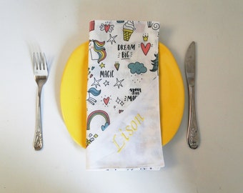 Serviette de table "licorne magique" fille doublée personnalisé avec prénom brodé et message coton écologique zéro déchet