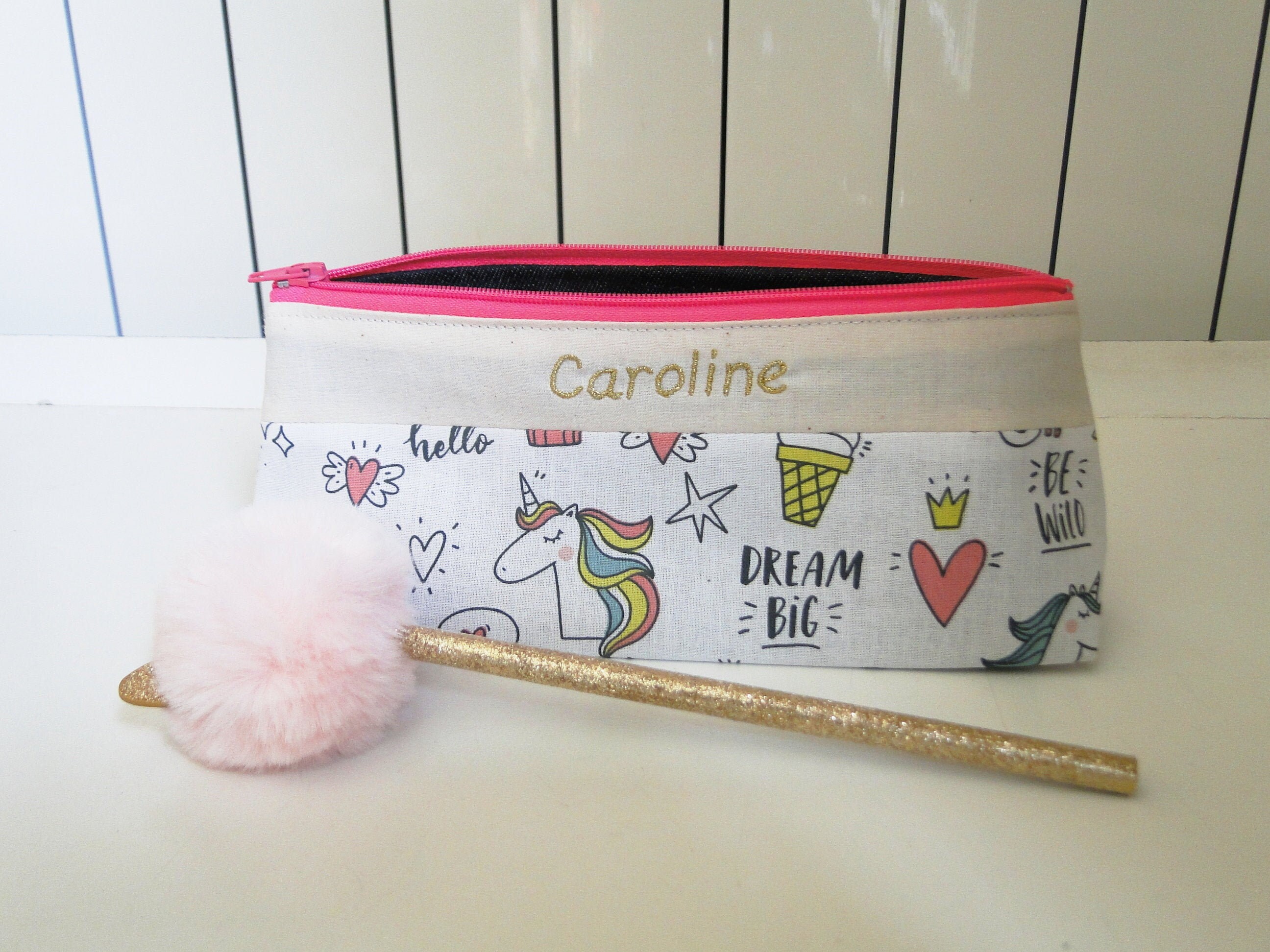 Trousse d'école Licorne Comics avec Prénom en Coton Doublé Étoile Pour Fille École Rentrée Des Class