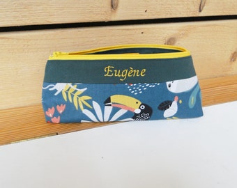 Trousse d'école "animaux de la jungle" avec prénom brodé en coton doublé mixte  école rentrée des classes cadeau anniversaire