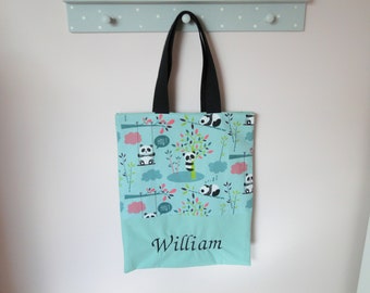 Tote bag sac de bibliothèque "panda vert" personnalisable SUR COMMANDE pour la maternelle ou activités extra scolaire prénom