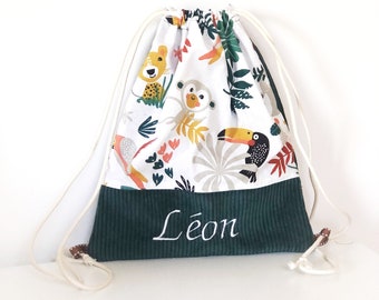 Sac baluchon "animaux de la jungle" sur commande prénom brodé école à bretelles en coton maternelle