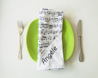 Serviette de table "notes de musique" enfant homme papa doublé avec prénom et message coton écologique zéro déchet