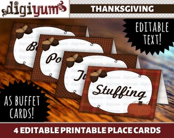 Thanksgiving Dinner Place Cards Editable PDF Printable Food Labels, Thanksgiving Table Cards, Turkey Dinner Placecards, Buffet Cards