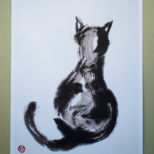 Estampe : "Chat, vous ignorant", dessin à l'encre de Japon, Sumi-e