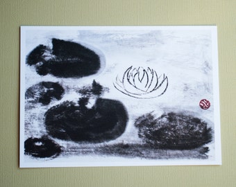 Print: "Water lily", Japanese ink drawing, sumi-e