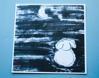 Print: "Bunny and the Moon", Japanese ink drawing, sumi-e