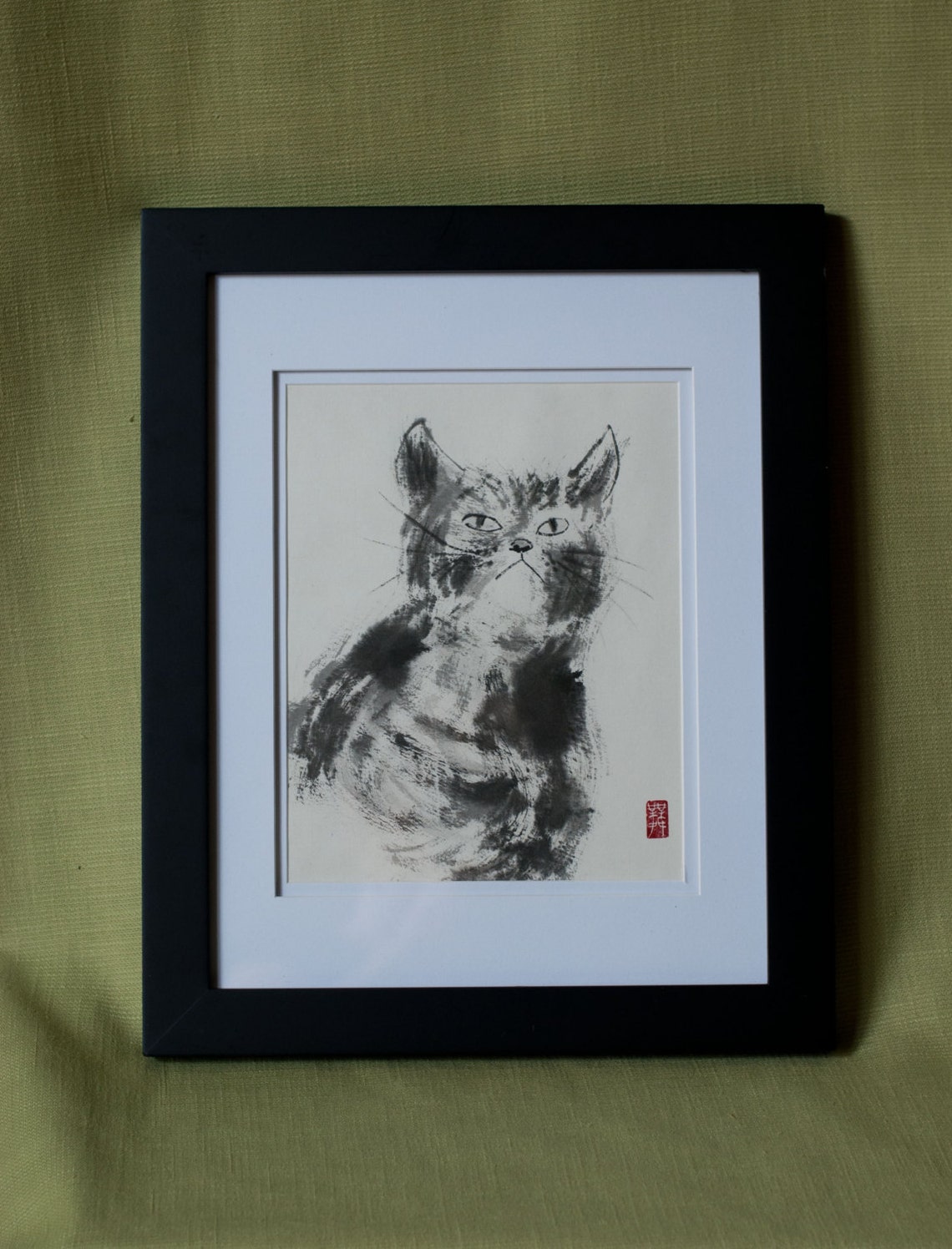 Print cat Wondering Japanese Ink Drawing Etsy