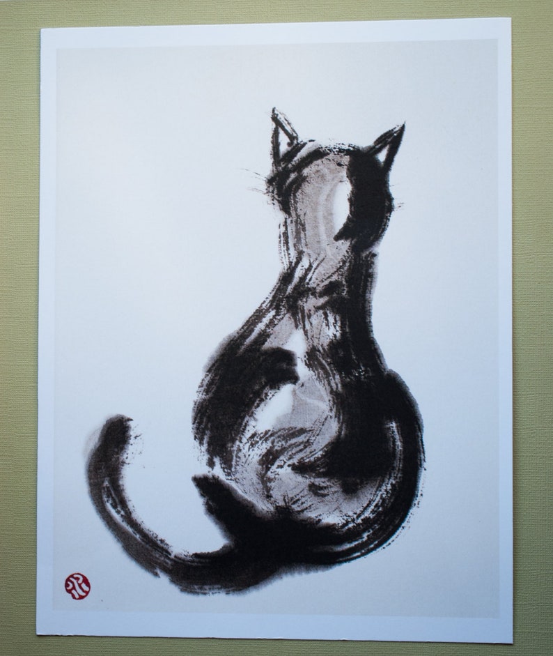 Print: Cat, ignoring you, Japanese ink drawing, Sumi-e image 1