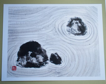 Print: "Rock garden", Japanese ink drawing, sumi-e