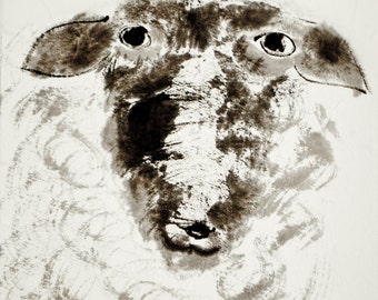 Print: "Sheep", Japanese ink drawing, Sumi-e