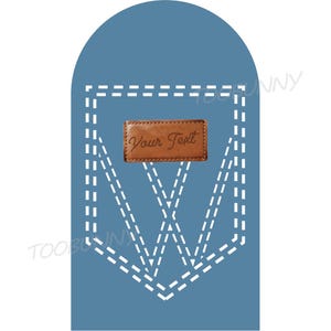 Peut inclure: Fond bleu avec un motif cousu blanc. Un rectangle en cuir marron avec le texte "Your Text" est centr&eacute; dans le motif. La forme g&eacute;n&eacute;rale est un rectangle arrondi.