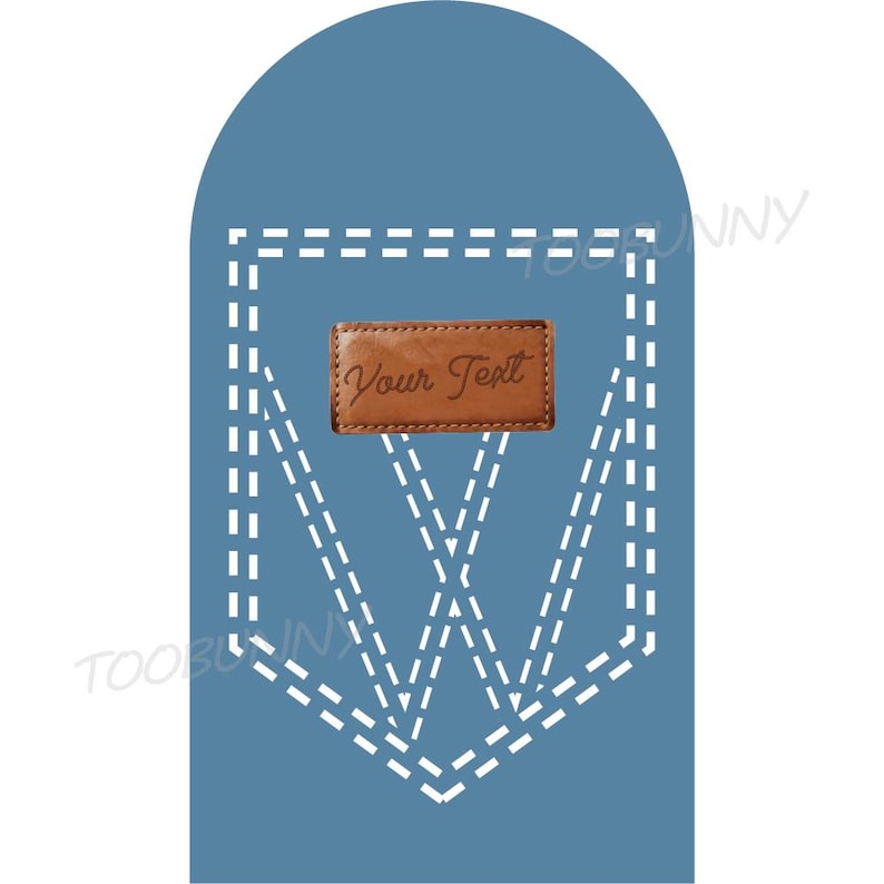 Peut inclure: Fond bleu avec un motif cousu blanc. Un rectangle en cuir marron avec le texte "Your Text" est centr&eacute; dans le motif. La forme g&eacute;n&eacute;rale est un rectangle arrondi.