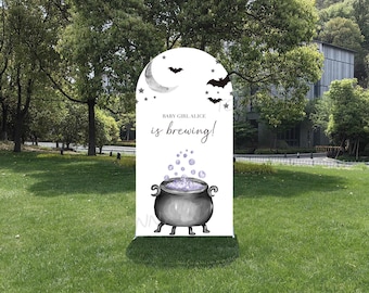 Décoration d'arche pour baby shower sur le thème d'Halloween : chaudron de sorcière, phosphorescent, double face