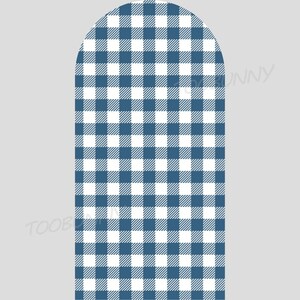 May include: A blue and white gingham pattern in an arched shape. The pattern consists of evenly spaced squares of blue and white, creating a classic checkered design. The background is a solid light gray.