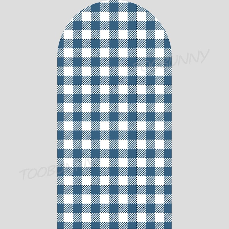 May include: A blue and white gingham pattern in an arched shape. The pattern consists of evenly spaced squares of blue and white, creating a classic checkered design. The background is a solid light gray.