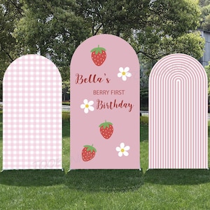 Strawberry Arch Backdrop | Double-Sided Berry First Cover | Customizable Girl&#39;s First Birthday Backdrop Decor Custom Name