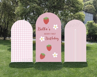 Strawberry First Birthday Arch Backdrop Cover: Double-Sided Custom Name