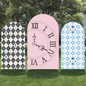 May include: Three arched decorative panels with Alice in Wonderland themes. One panel features a clock face, another has a black and white diamond pattern with illustrations, and the third has a blue and white diamond pattern with hearts.