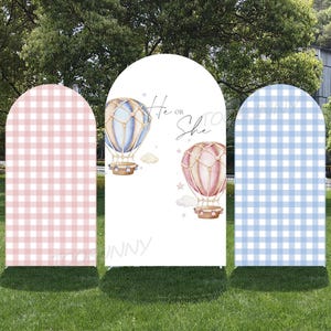 May include: Three arch-shaped backdrops for a baby shower. The left and right backdrops have a pink and blue gingham pattern, respectively. The center backdrop is white with watercolor hot air balloons and the text "He or She".
