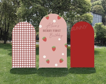 Strawberry First Birthday Arch Backdrop Cover: Double-Sided Custom Name