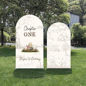 May include: Two cream-coloured arched party banners featuring Winnie the Pooh illustrations. One banner reads "Chapter ONE" and "Blaze's 1st Birthday." The other banner shows Pooh and friends. The banners are on a grassy lawn.