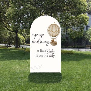 Up, Up, and Away Hot Air Balloon Baby Shower Double-Sided Arch Backdrop Cover: A Little Baby Is On The Way Baby Shower Decor