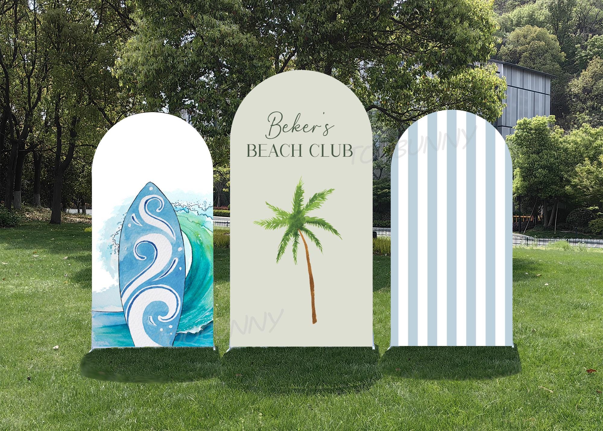Beach Club Riviera Arch Backdrop | Double-Sided Nautical Stripes & Palm Cover | Pool Surfing Party Destination Wedding Decor