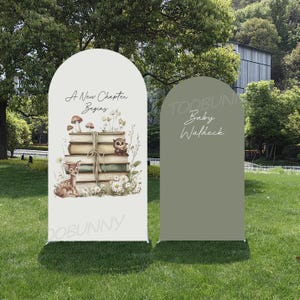 May include: Two arched backdrop signs. One features a stack of books with a deer, owl, and mushrooms, with the text "A New Chapter Begins." The other is solid green with the text "TOOBUNNY Baby Waldeck."