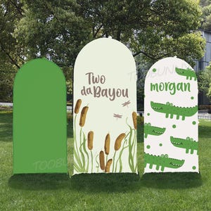 Cenário para chá de bebê Two da Bayou | Capa de arco dupla face com tema de pântano da Louisiana | Decoração de barco de poliéster com jacaré e cipreste