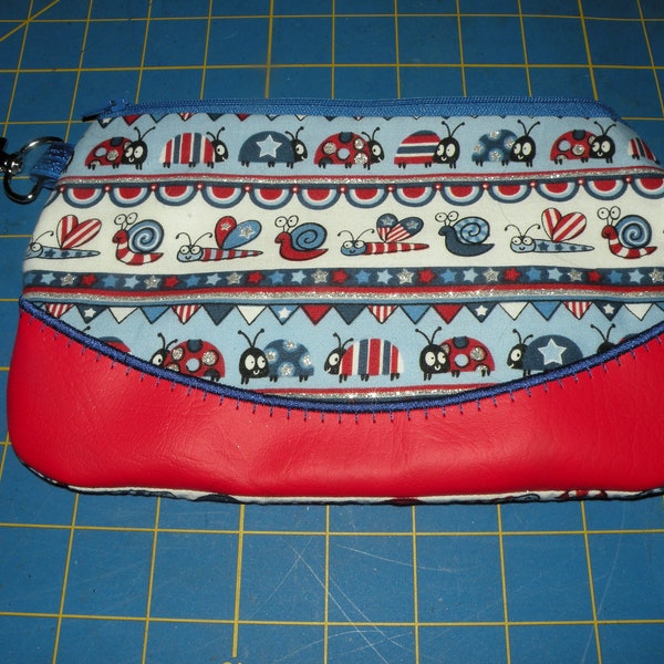 HANDMADE 6X9" CLUTCH Red White Blue Patriotic Top Zip Bag Purse Lady Bugs Dragonflies Snails Red Vinyl