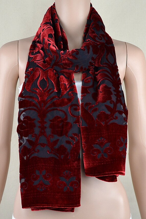 Wine red velvet scarf flocking silk scarves Etsy