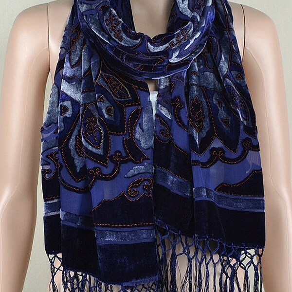 Blue velvet scarf, flocking of high-grade real silk scarves, manual fringed shawl