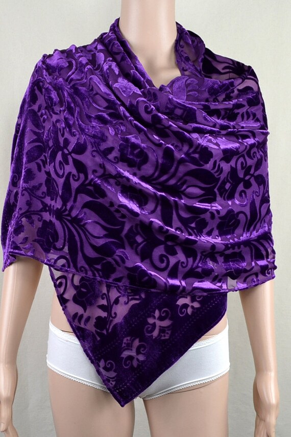 Bright Purple Velvet Scarf Flocking Silk Scarves Etsy