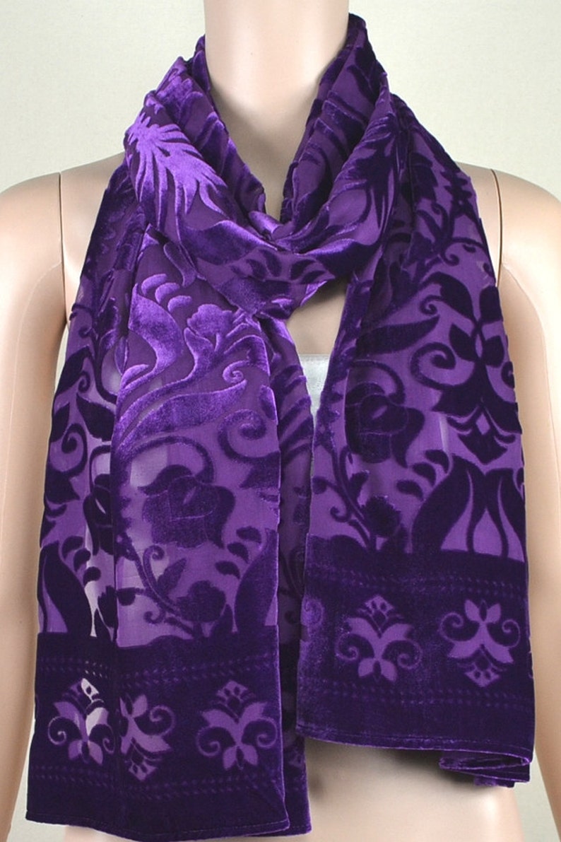 Bright purple velvet scarf flocking silk scarves Etsy