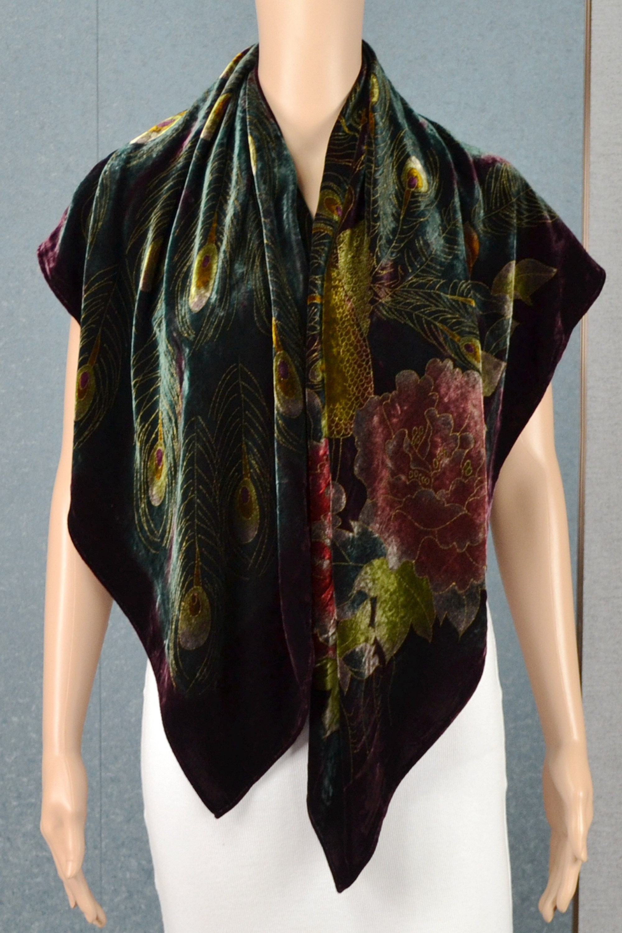 Black Peacock Silk Scarf Flocking Velvet Square Scarf Shawl Etsy