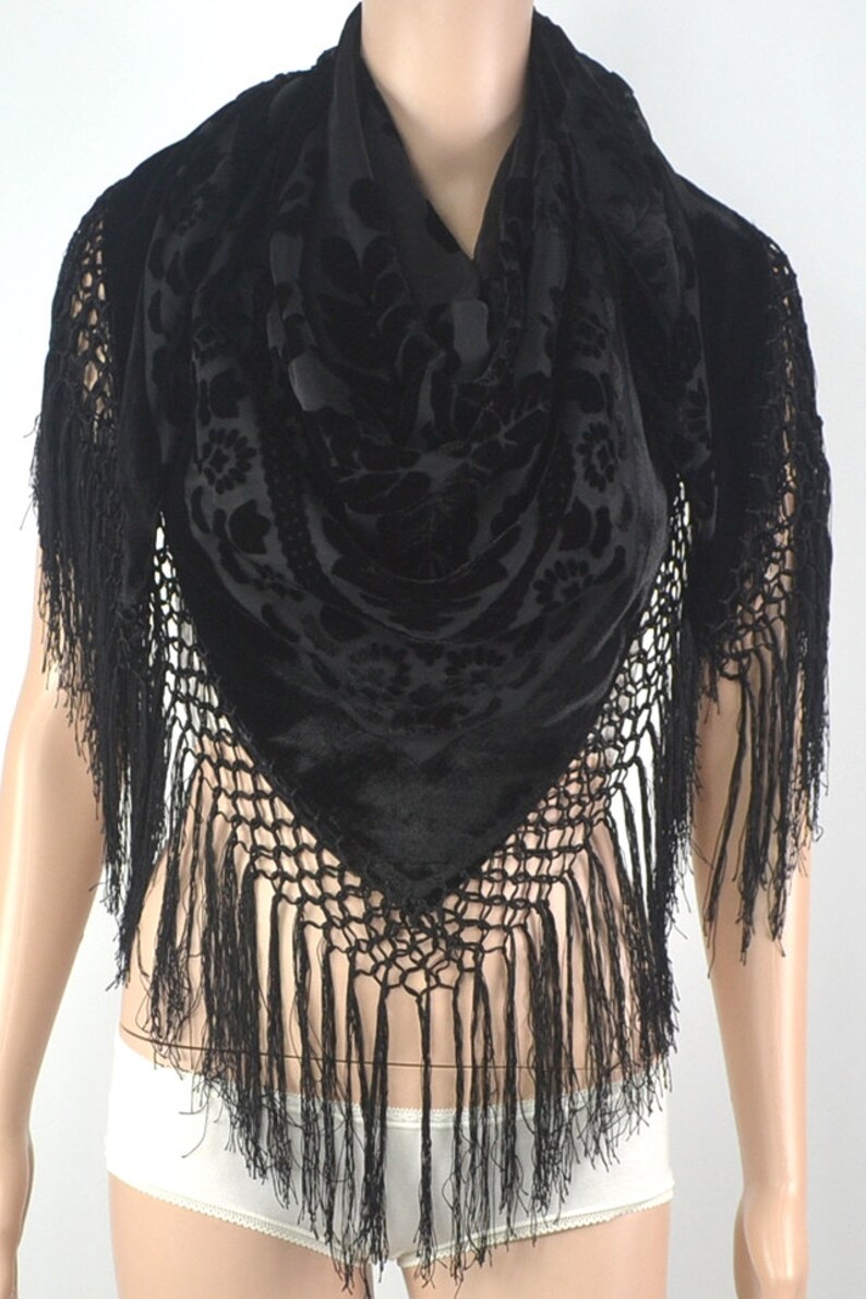 Black velvet scarf high-grade flocking printed pure silk | Etsy