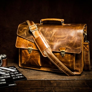 Personalised Handmade Real Leather Mens Briefcase Laptop Business Travel Vintage Bag Christmas Gift for Him / Brown image 1