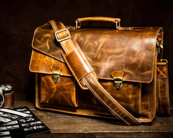 Personalised Handmade Real Leather Mens Briefcase Laptop Business Travel Vintage Bag Christmas Gift for Him / Brown