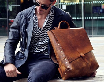 Personalised Men Handmade Genuine Leather Backpack Laptop Shoulder Travel Vintage Bag Christmas gift for him /Brown