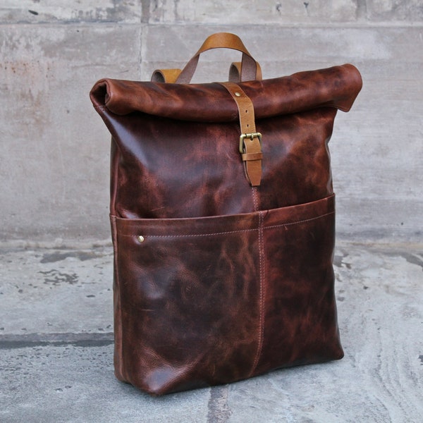 Personalised Mens Handmade Real Leather Backpack Rucksack Laptop Bag Shoulder Vintage Travel Bag Christmas gift for him /Brown