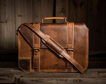 Personalised Handmade Real Leather Mens Briefcase Laptop Business Travel Vintage Bag Christmas Gift for him / Brown