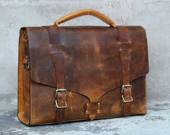 Gepersonaliseerde handgemaakte echte top graan lederen heren aktetas laptoptas messenger zakenreizen vintage tas kerstcadeau voor hem / bruin