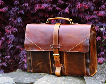 Personalised Real Leather Mens Briefcase Laptop Bag Messenger Bag Office Shoulder Bag Gifts For Him Christmas gift /Brown