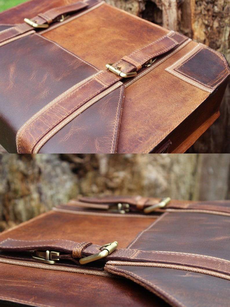 Personalised Handmade Real Leather Mens Briefcase Laptop Business Travel Vintage Bag Christmas Gift for him / Brown image 5