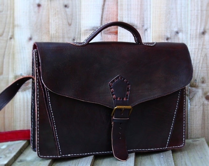 Personalised Handmade Real Top Grain Leather Mens Briefcase Laptop Bag Messenger Business Travel Vintage Bag Christmas Gift for Him  Brown